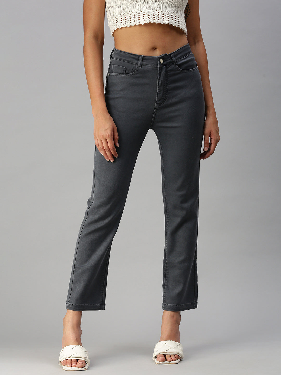 Women's Grey Straight Fit High-Rise Jeans