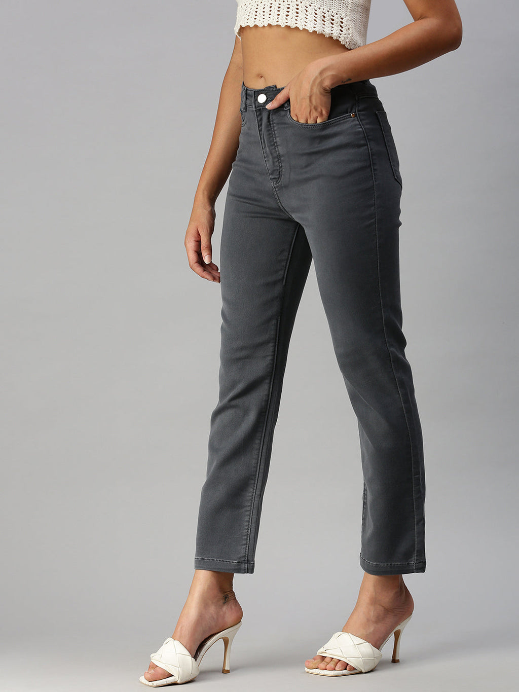 Women's Grey Straight Fit High-Rise Jeans