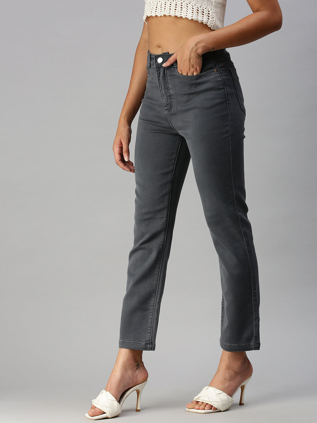 Women's Grey Straight Fit High-Rise Jeans