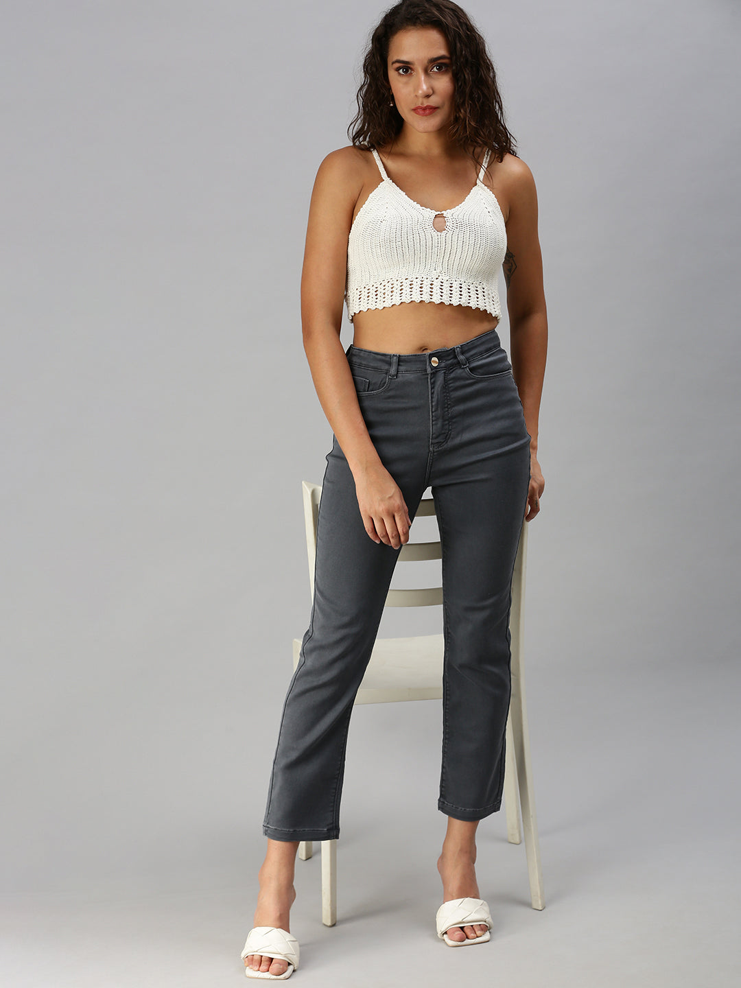 Women's Grey Straight Fit High-Rise Jeans