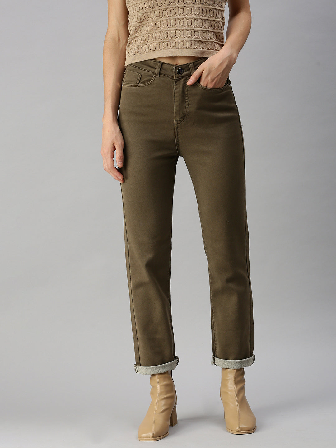 Women's Khaki Straight Fit High-Rise Jeans
