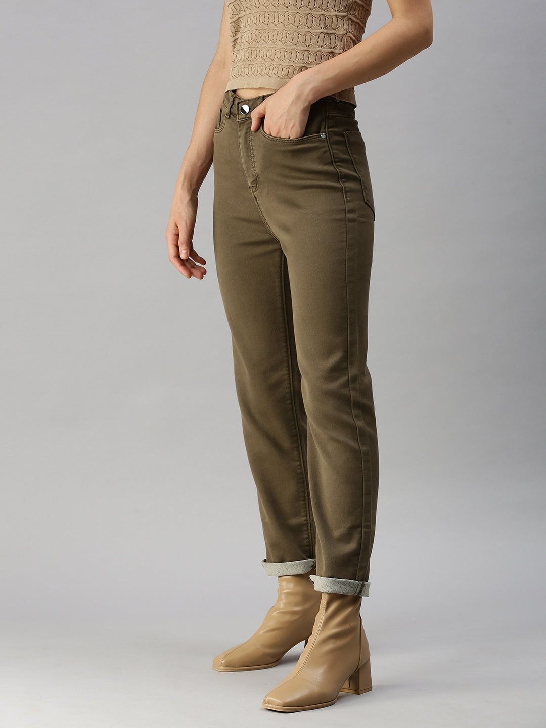Women's Khaki Straight Fit High-Rise Jeans