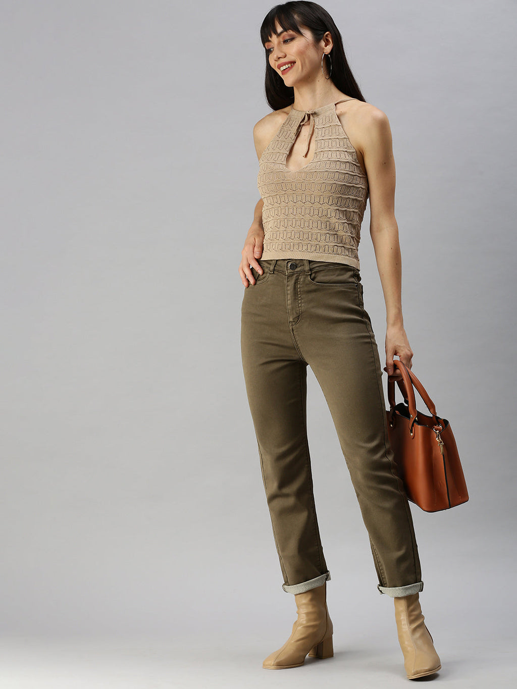 Women's Khaki Straight Fit High-Rise Jeans