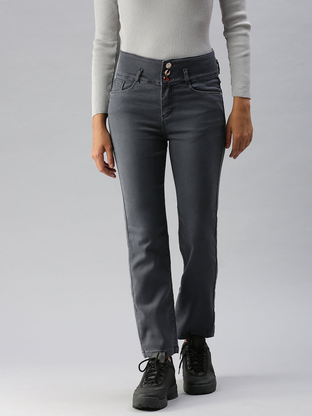 Women's Grey Straight Fit High-Rise Stretchable Jeans