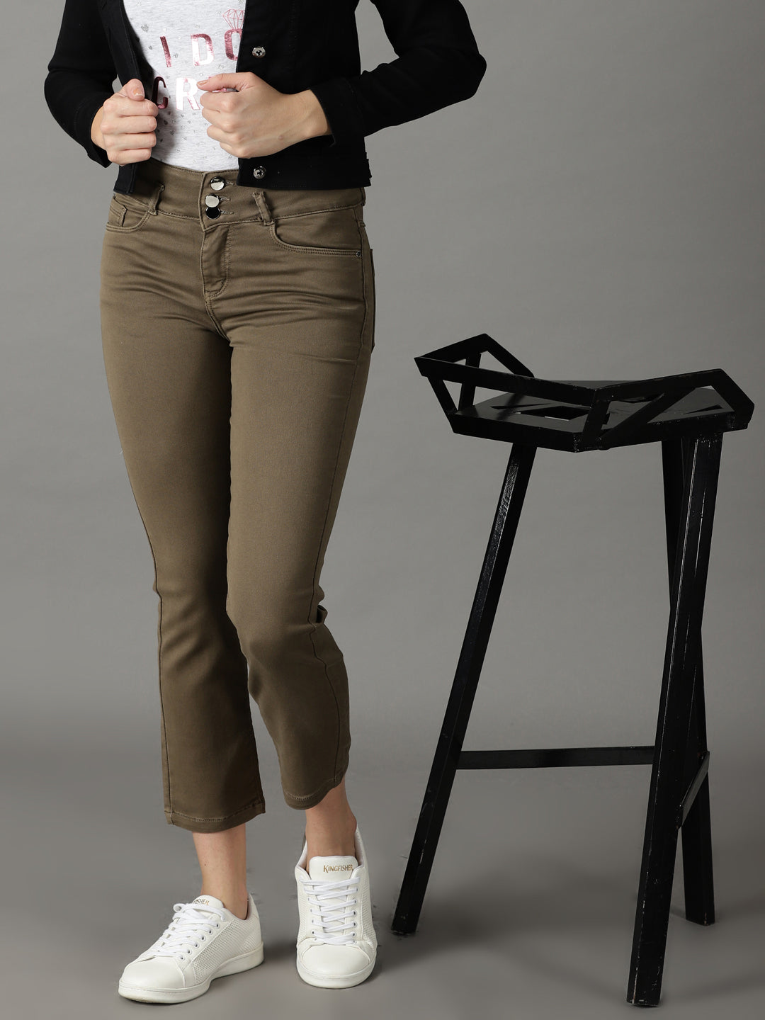 Women's Khaki High-Rise Stretchable Cotton Jeans