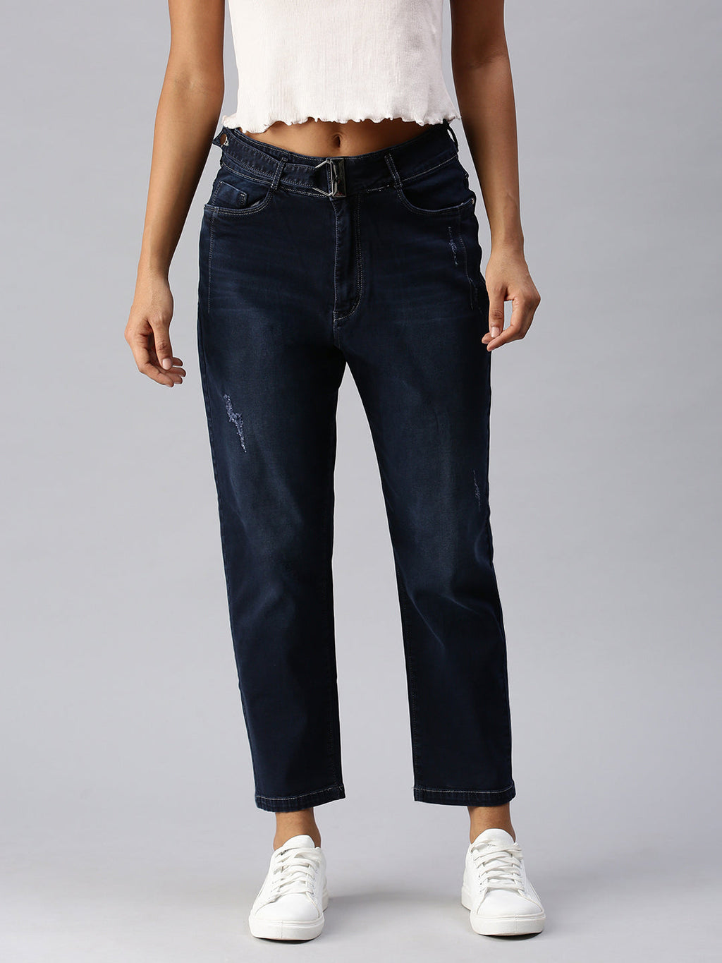 Women's Blue Straight Fit High-Rise Low Distress Light Fade Stretchable Denim Jeans