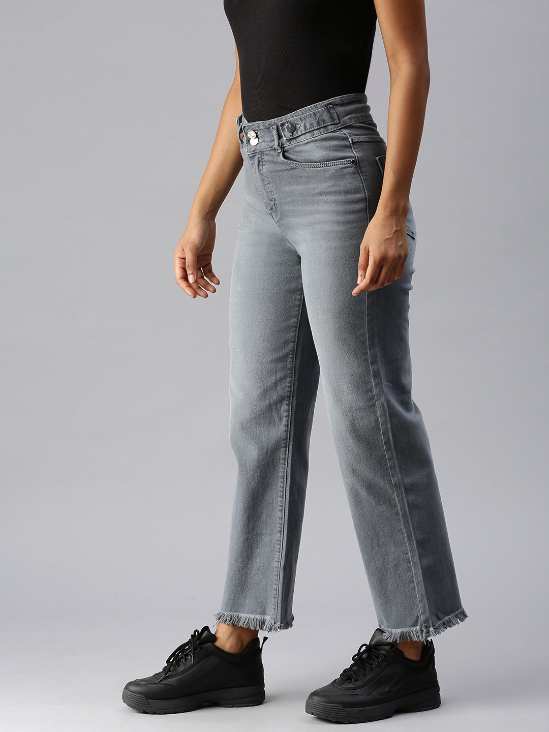 Women's Grey Wide Leg High-Rise Heavy Fade Stretchable Denim Jeans