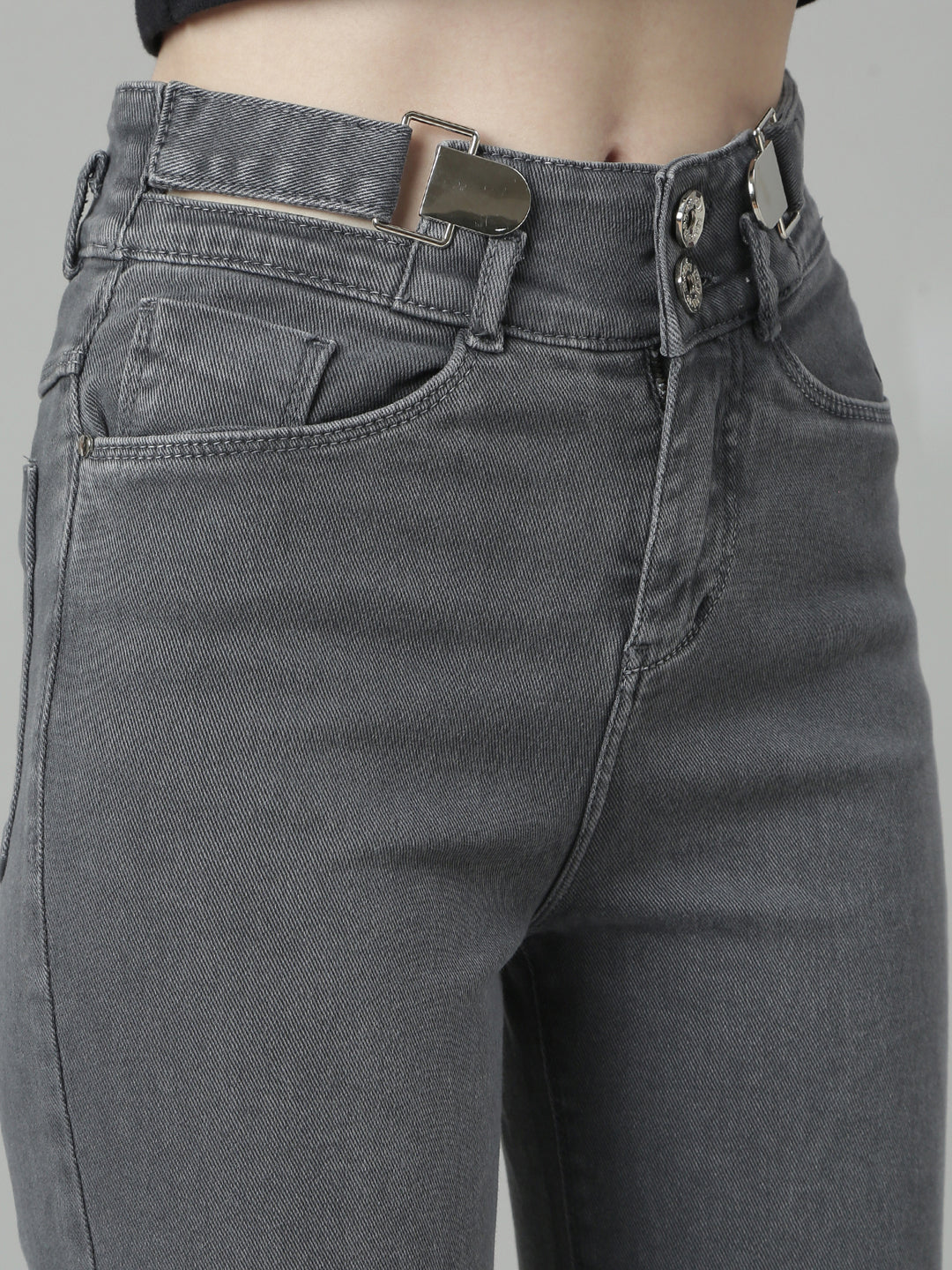 Women's Grey Jean Straight Fit Acid Wash Mid-Rise Stretchable Jeans