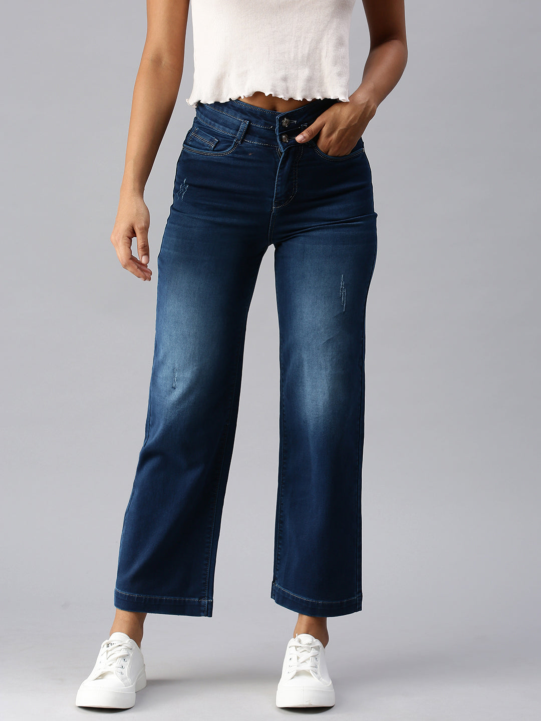 Women's Blue Wide Leg High-Rise Low Distress Light Fade Stretchable Denim Jeans