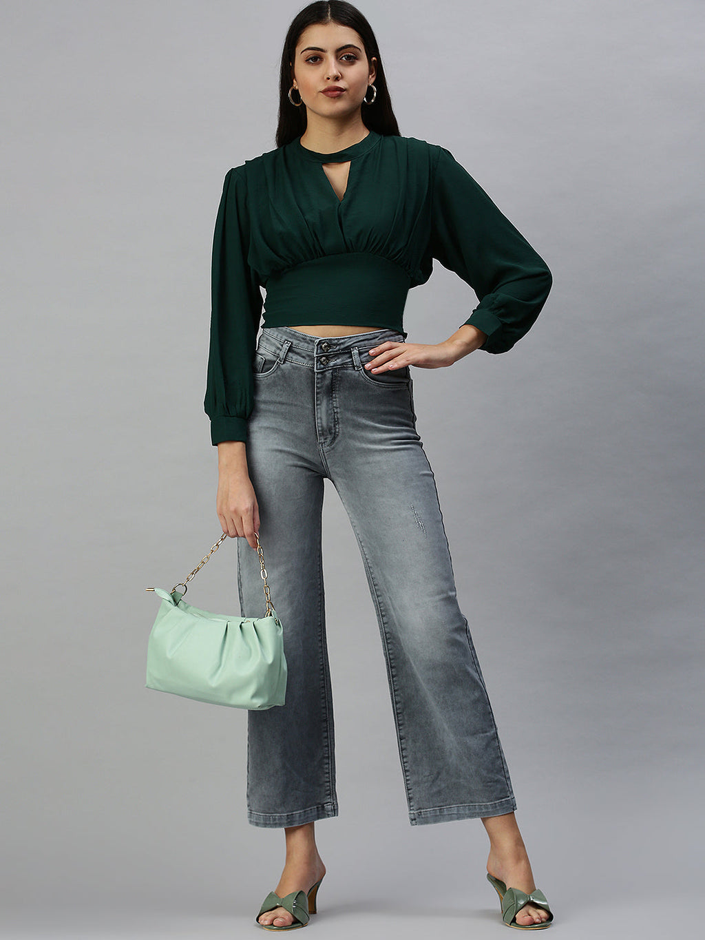 Women's Grey Wide Leg High-Rise Heavy Fade Stretchable Denim Jeans