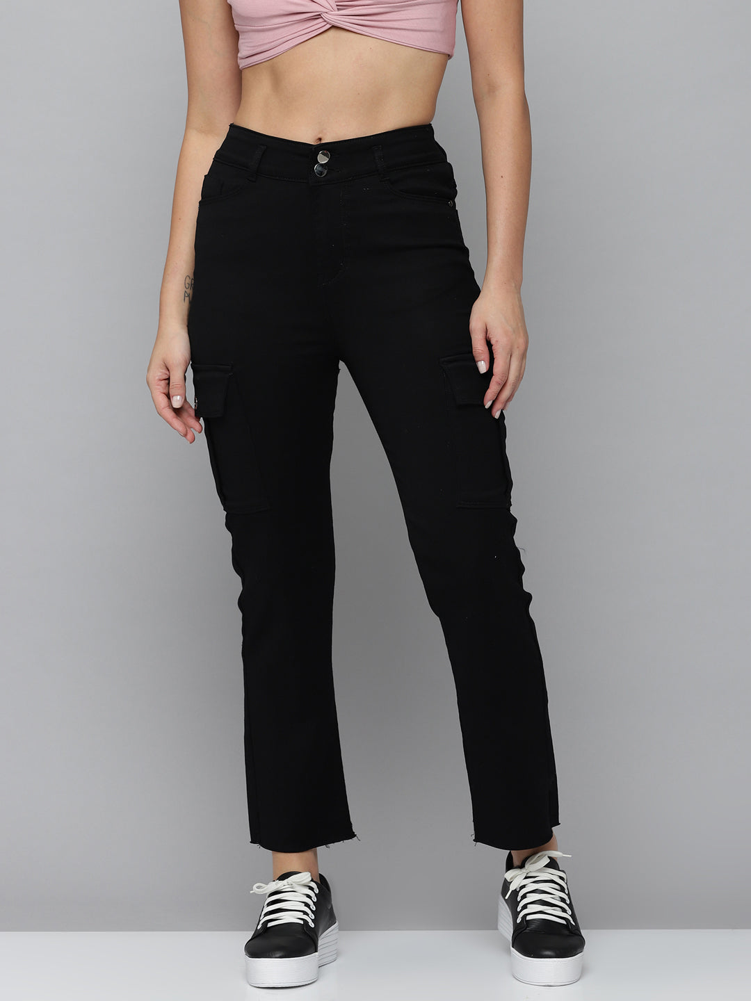 Women's Black Jean Straight Fit High-Rise Slash Knee Stretchable Jeans