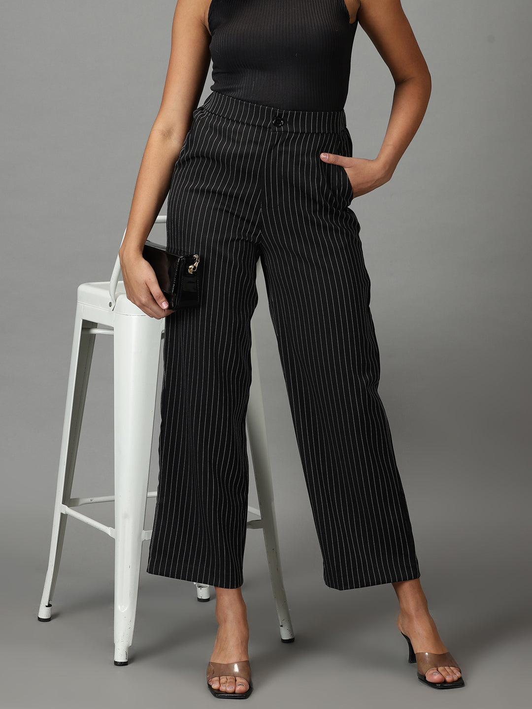 Women's Black Striped Relaxed Straight Fit Parallel Trousers