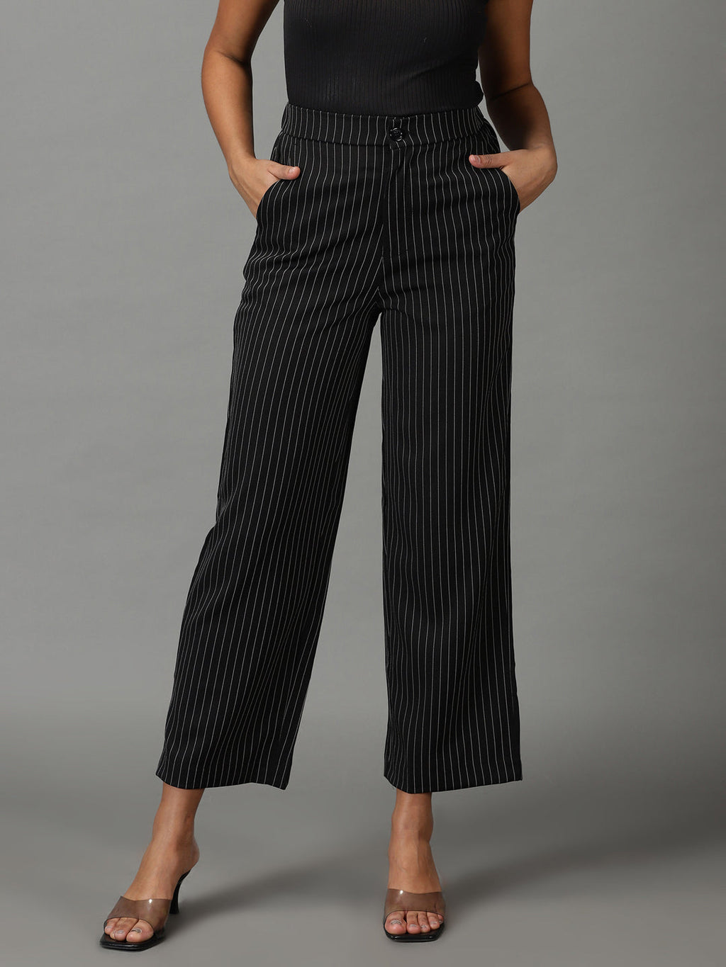 Women's Black Striped Relaxed Straight Fit Parallel Trousers