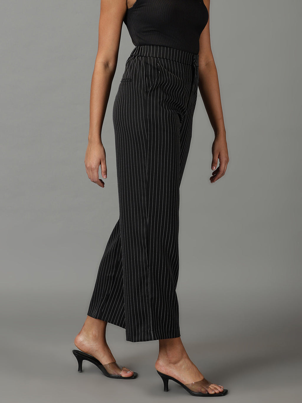 Women's Black Striped Relaxed Straight Fit Parallel Trousers