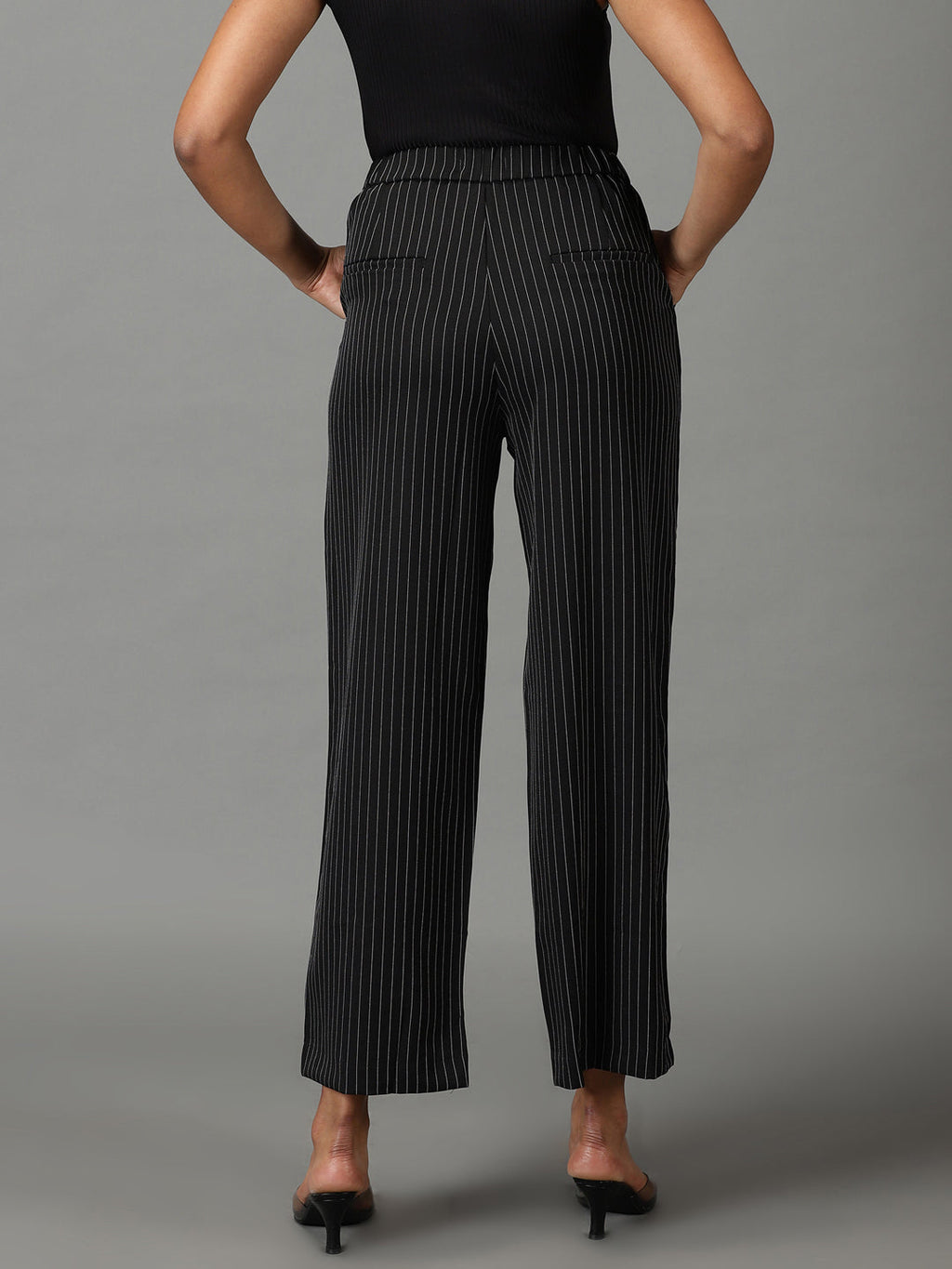 Women's Black Striped Relaxed Straight Fit Parallel Trousers
