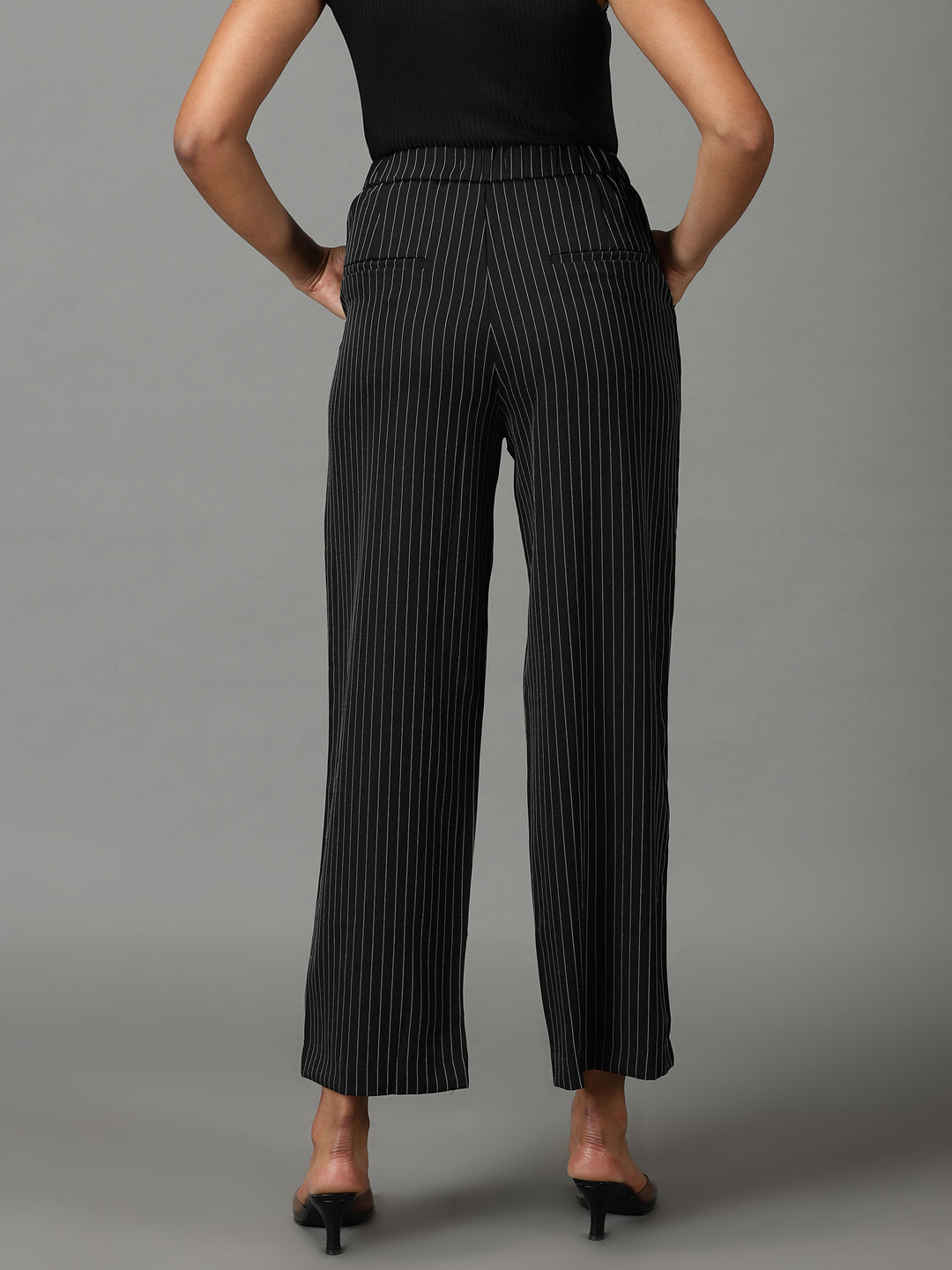 Women's Black Striped Relaxed Straight Fit Parallel Trousers