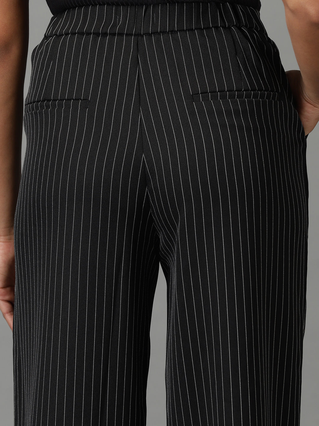 Women's Black Striped Relaxed Straight Fit Parallel Trousers