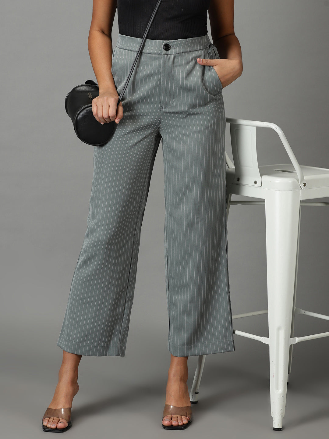 Women's Olive Striped Relaxed Straight Fit Trousers