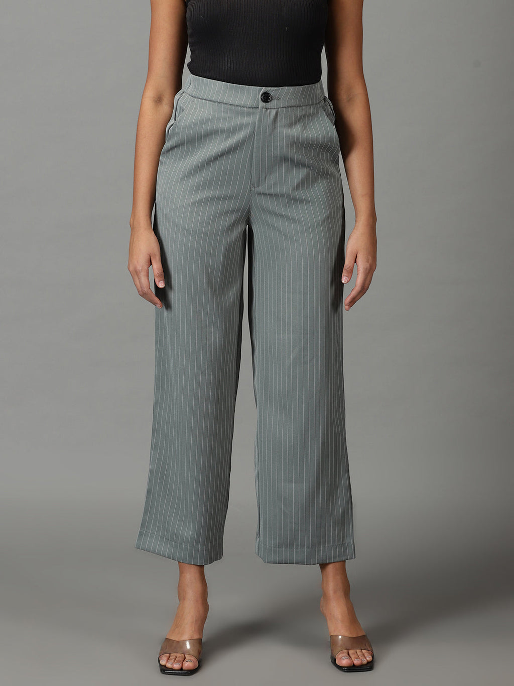 Women's Olive Striped Relaxed Straight Fit Trousers