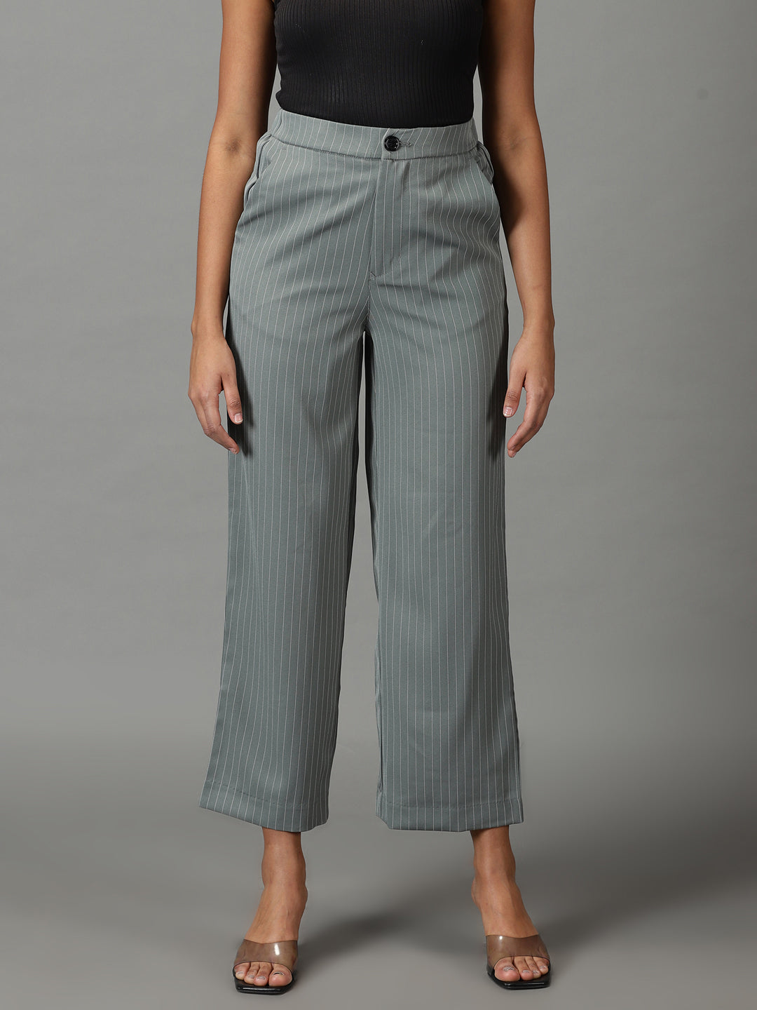 Women's Olive Striped Relaxed Straight Fit Trousers