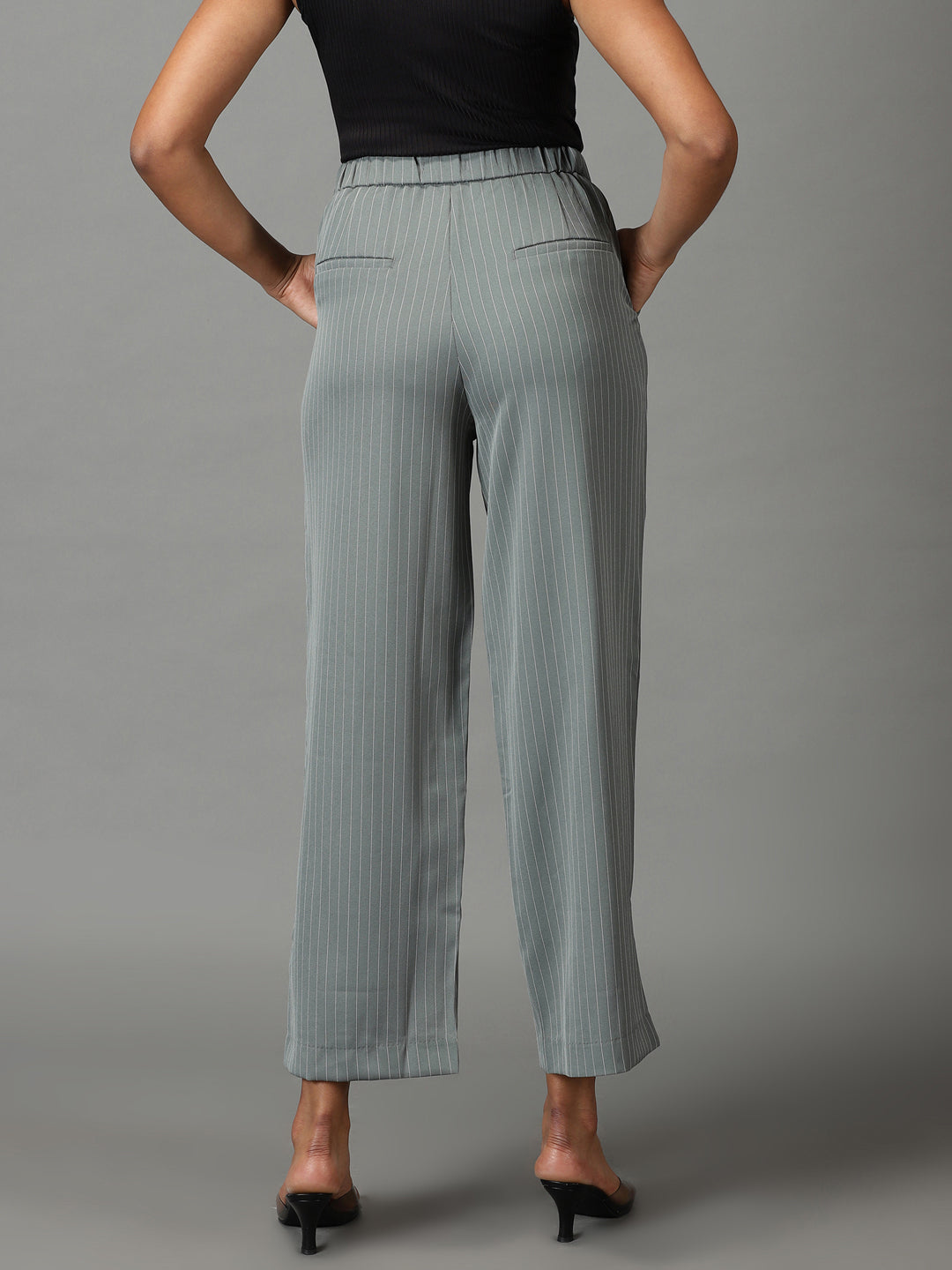 Women's Olive Striped Relaxed Straight Fit Trousers