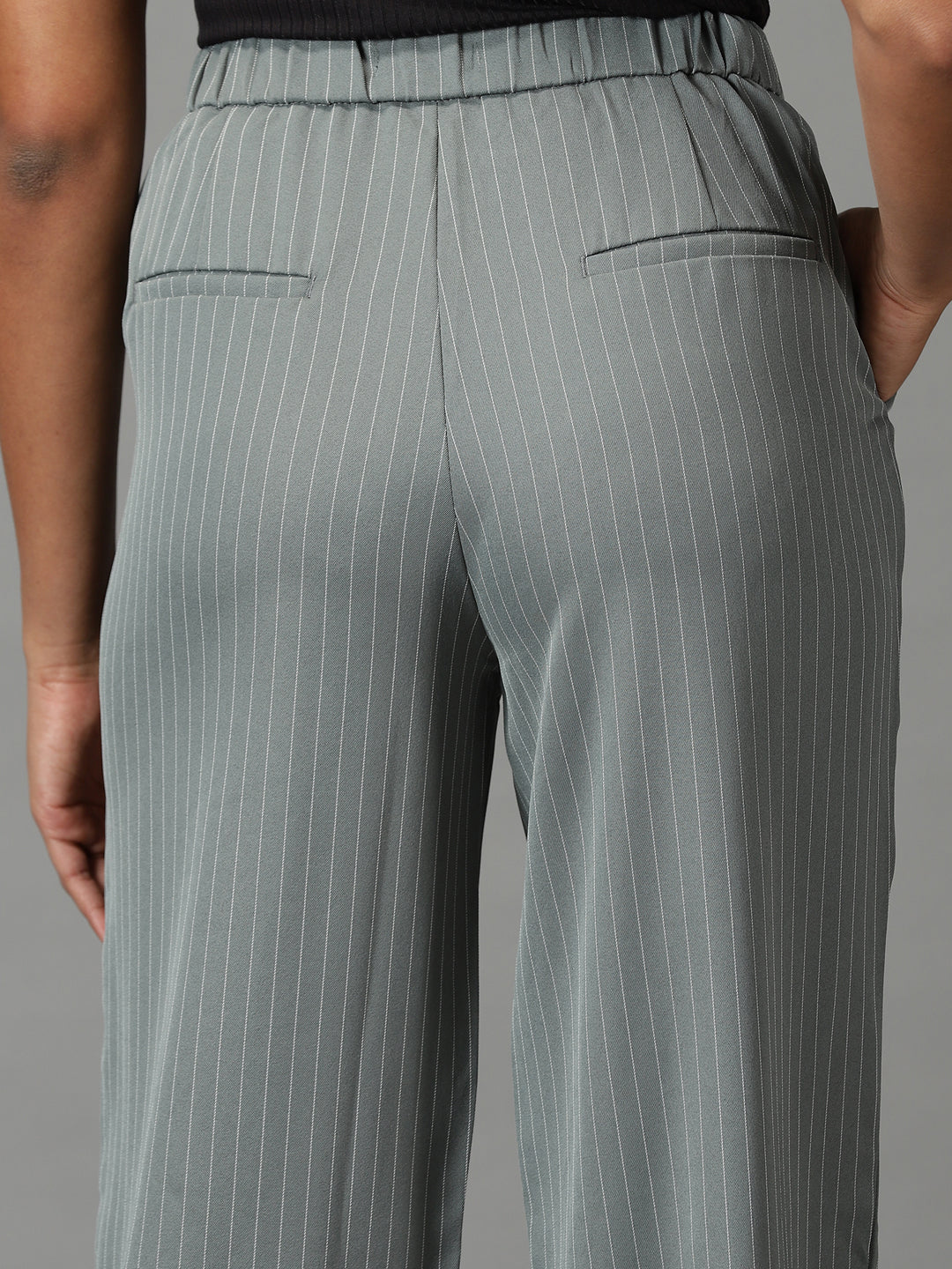 Women's Olive Striped Relaxed Straight Fit Trousers