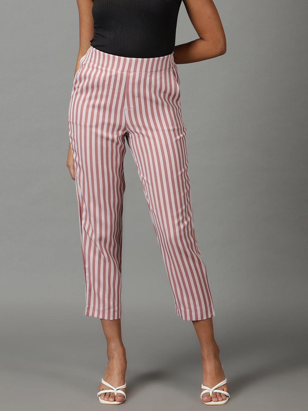 Women's Mauve Striped Straight Fit Cropped Formal Trousers