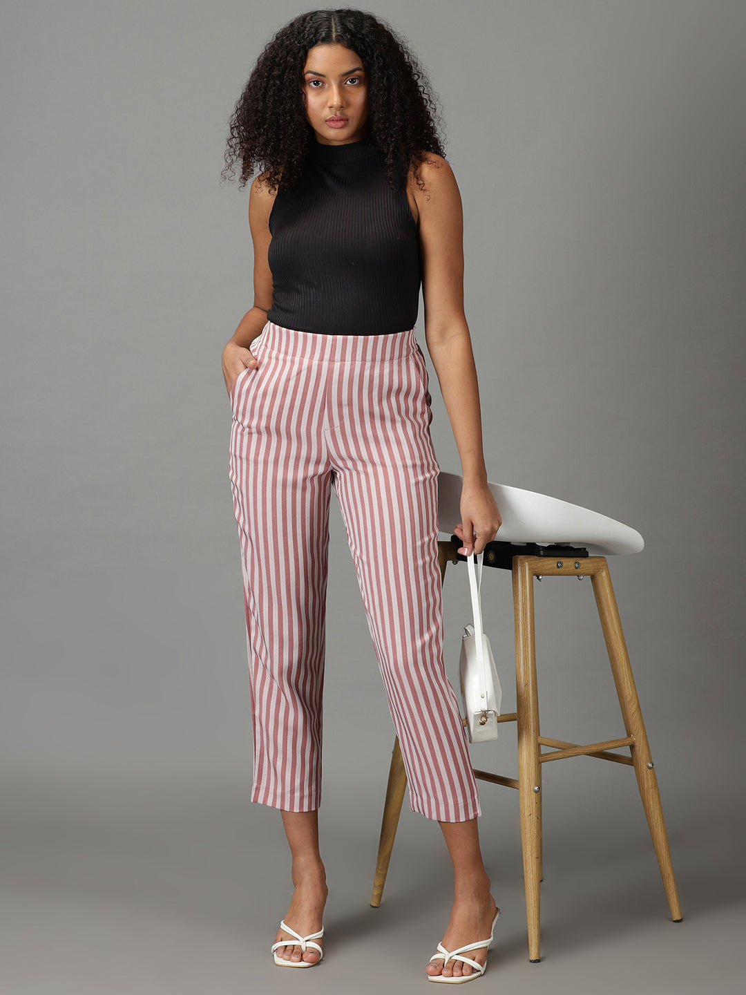 Women's Mauve Striped Straight Fit Cropped Formal Trousers