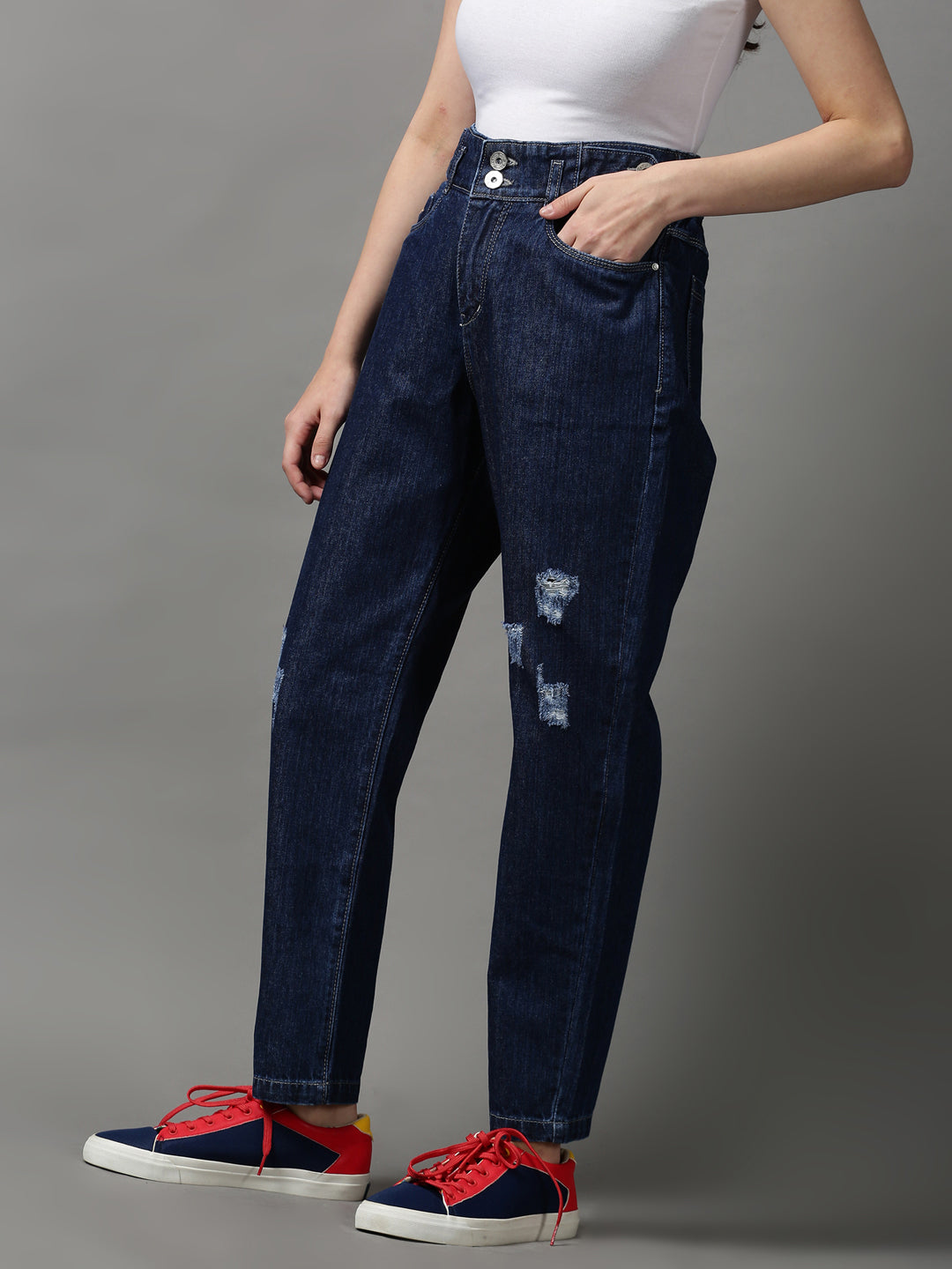 Women's Navy Blue High-Rise Mildly Distressed Stretchable Denim Jeans