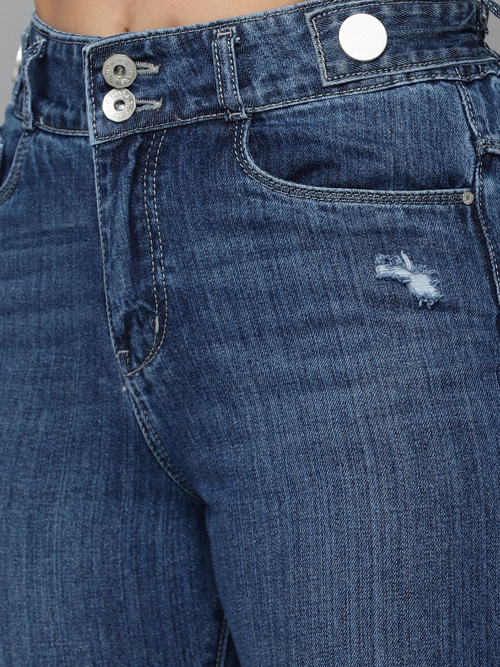 Women's Navy Blue Jean Relaxed Fit High-Rise Mildly Distressed Light Fade Stretchable Jeans