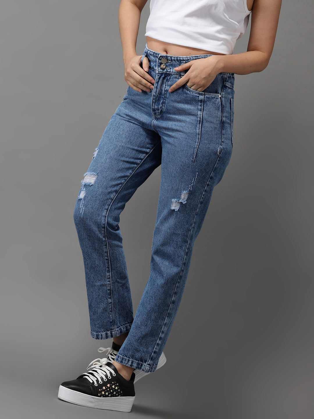 Women's Blue Jean Straight Fit High-Rise Mildly Distressed Light Fade Jeans