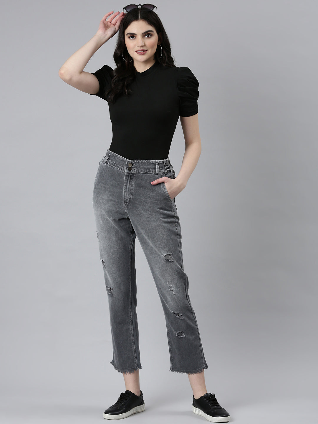 Women's Grey Boyfriend Fit Heavy Denim Jeans
