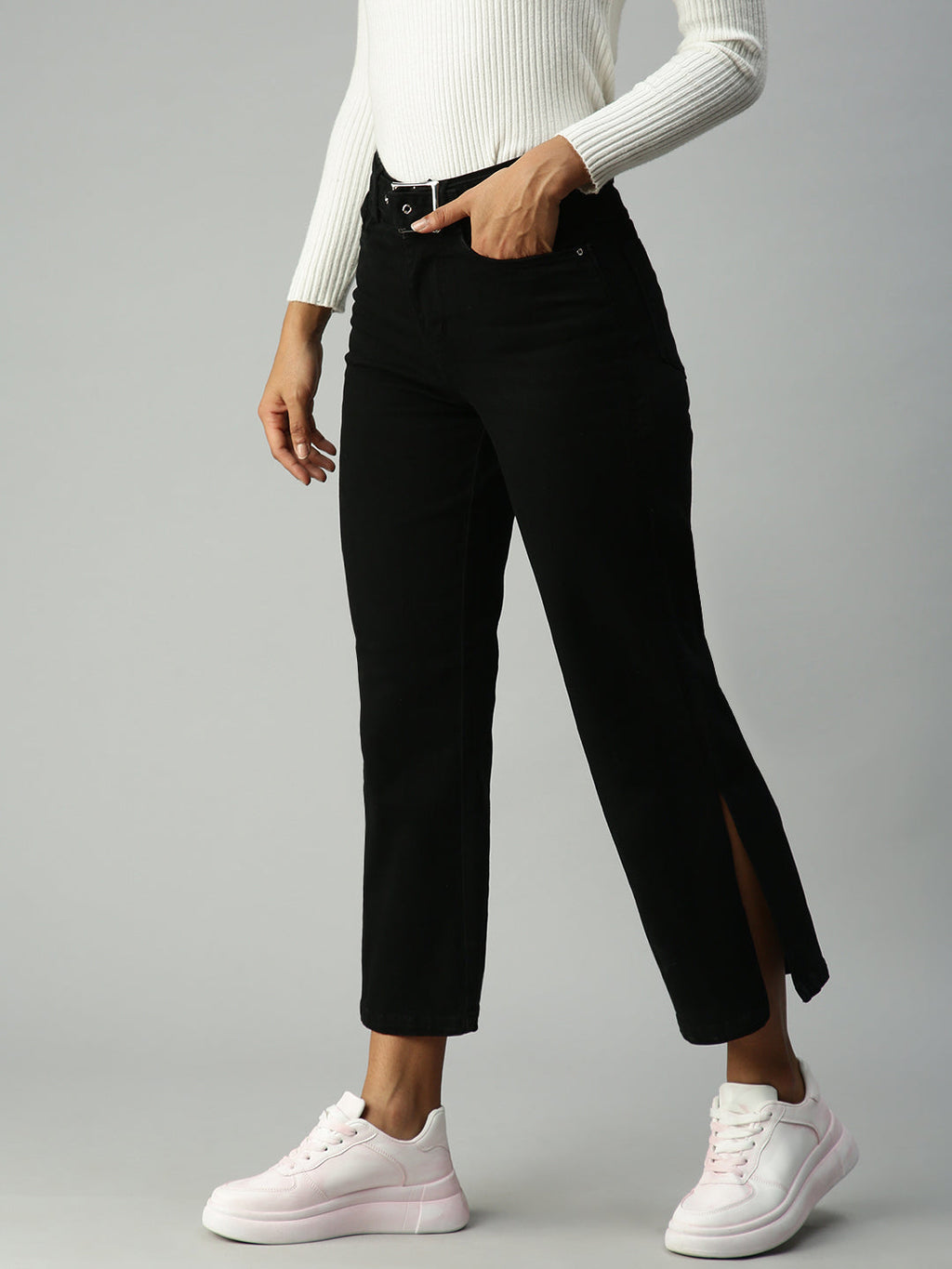 Women's Black Wide Leg High-Rise Stretchable Jeans With Belt