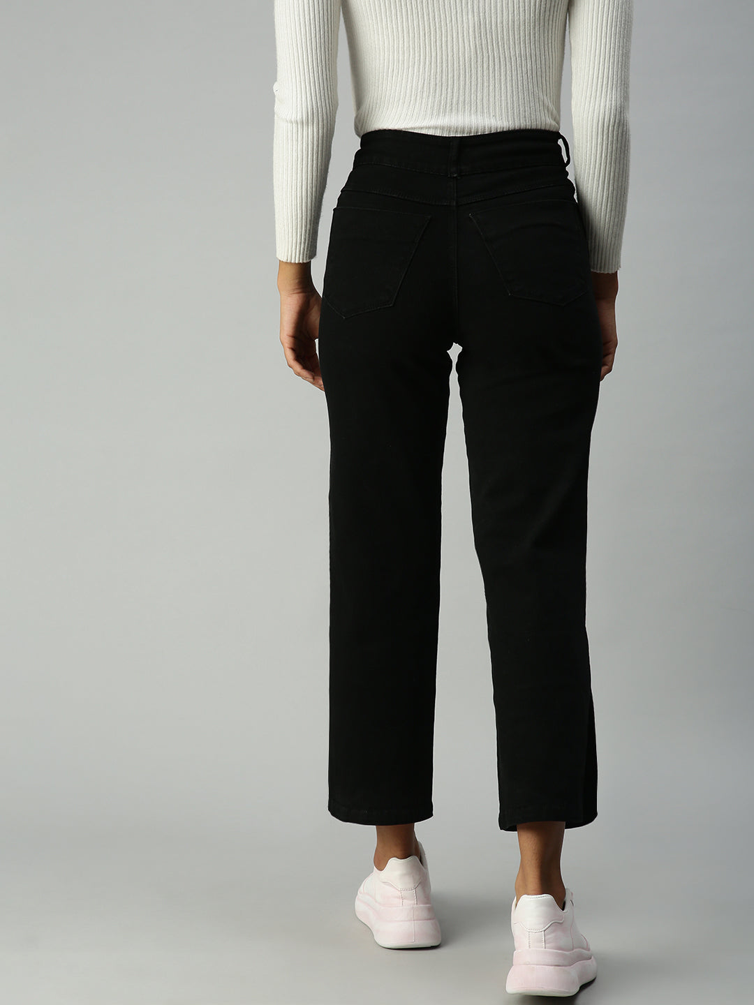 Women's Black Wide Leg High-Rise Stretchable Jeans With Belt