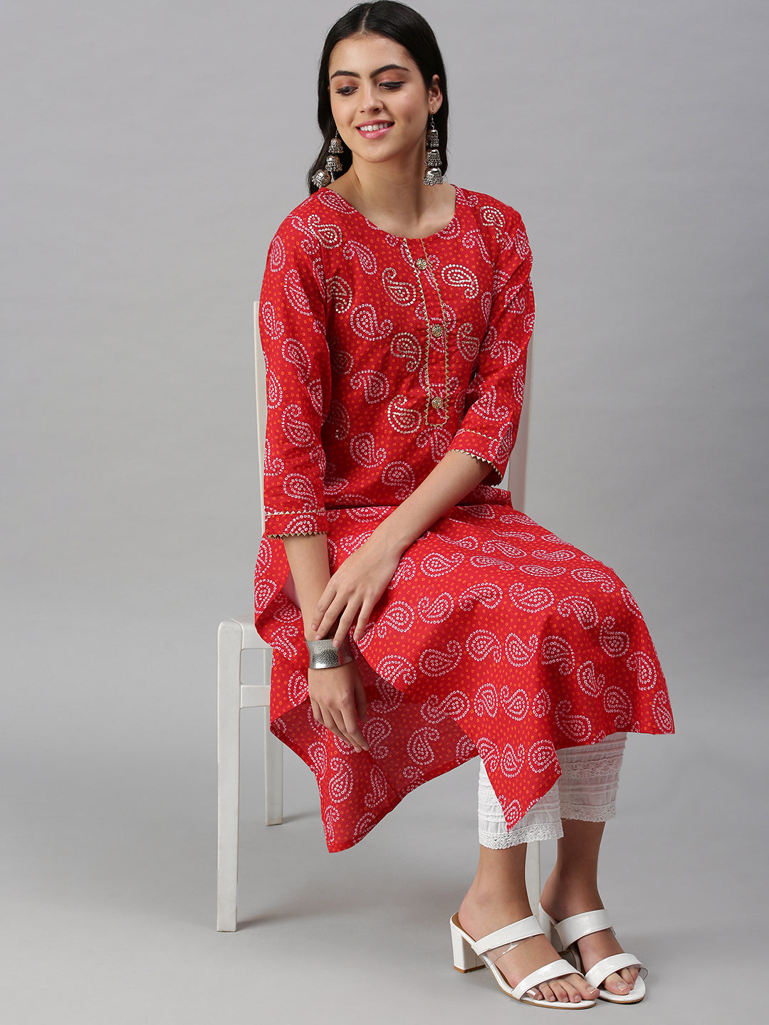 Women's Red Paisley Printed Straight Kurta