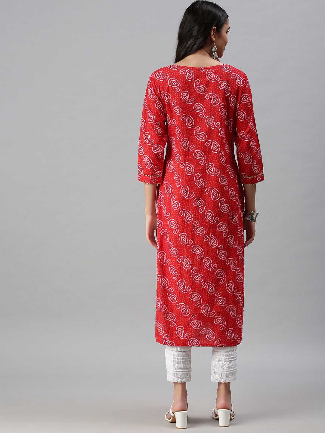 Women's Red Paisley Printed Straight Kurta