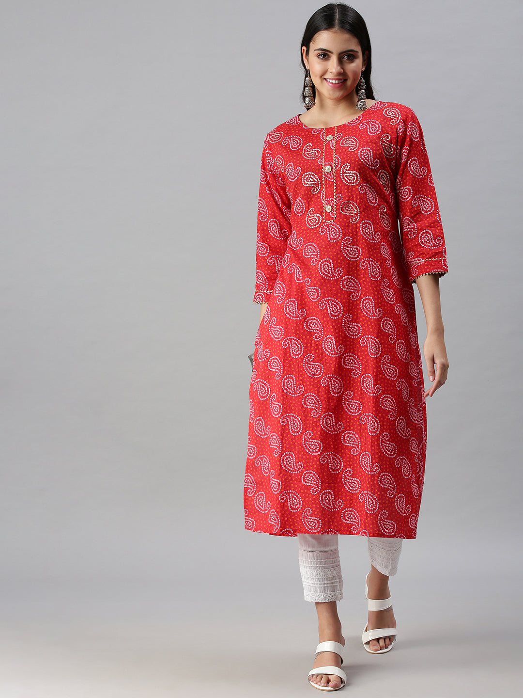 Women's Red Paisley Printed Straight Kurta