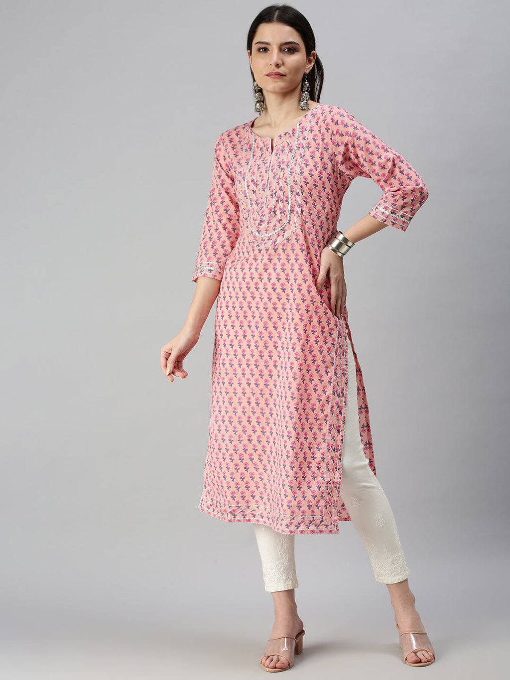 Women's Pink Floral Printed Straight Kurta