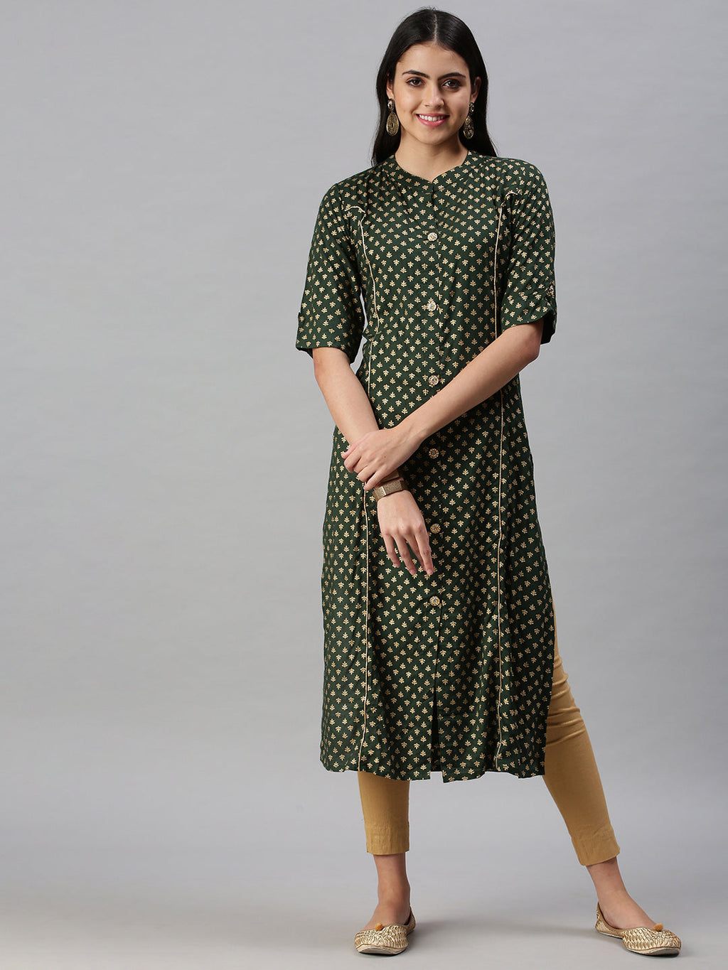 Women's Green Geometric Foil Printed Cotton Straight Kurta