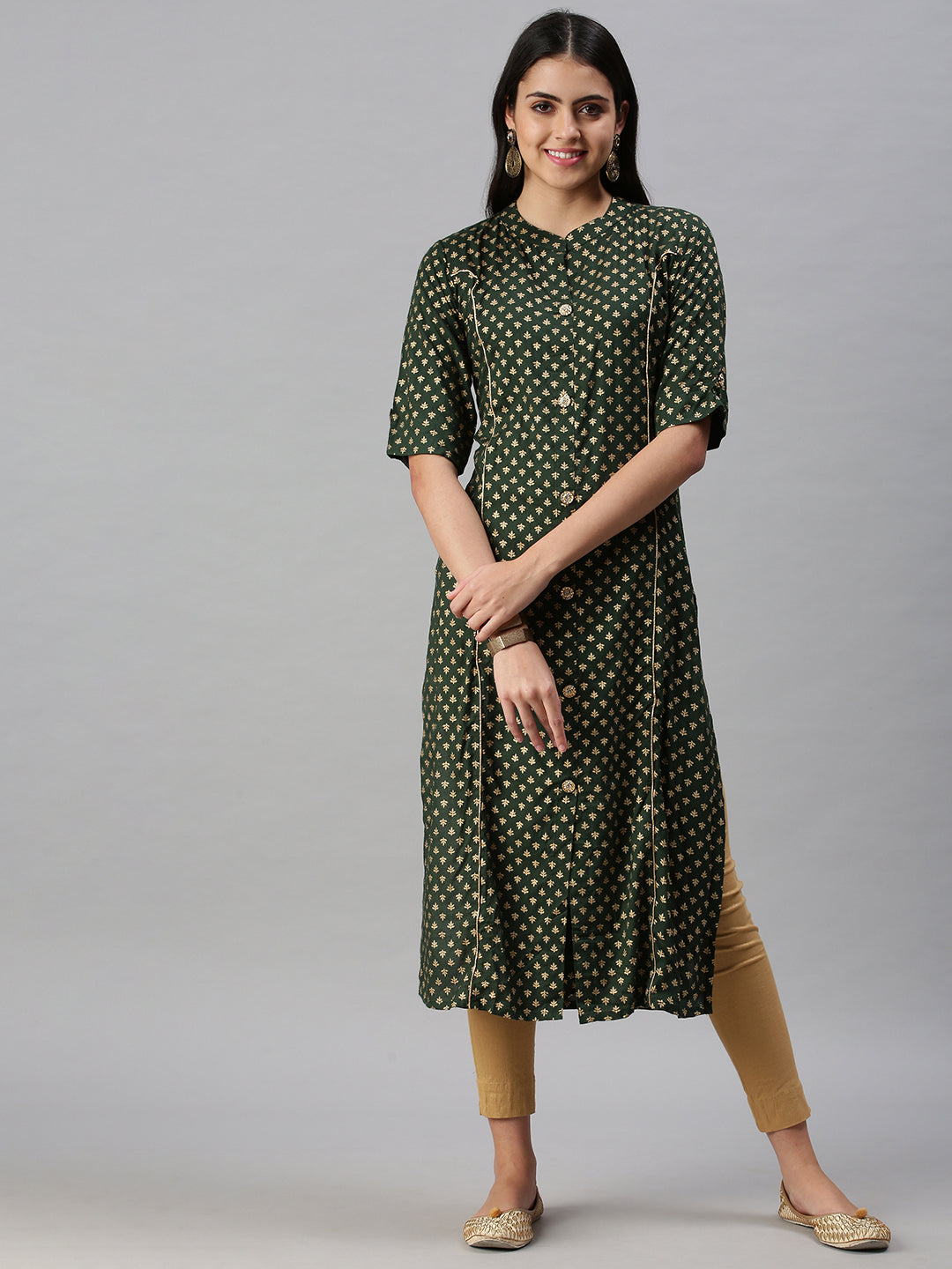 Women's Green Geometric Foil Printed Cotton Straight Kurta