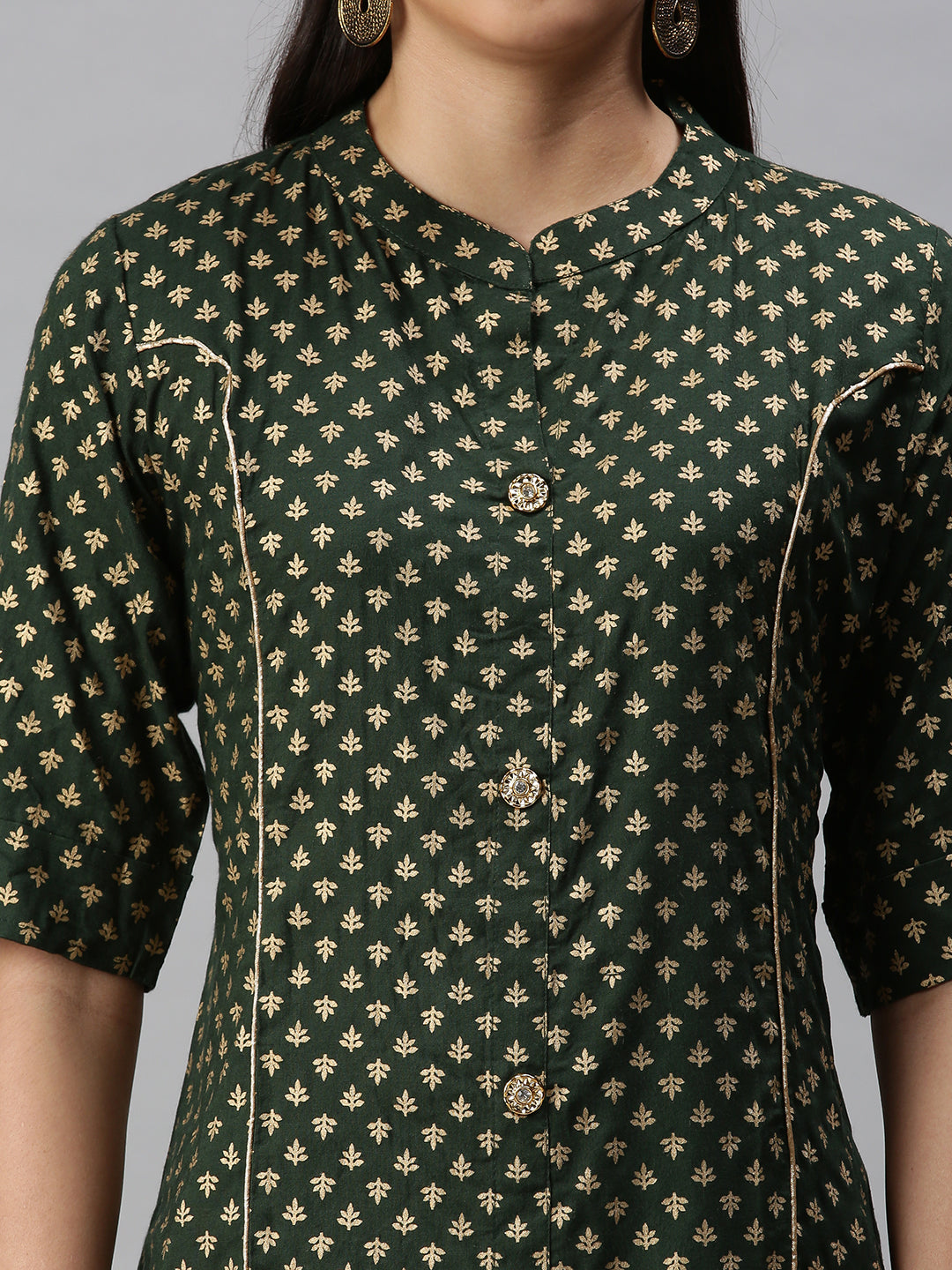 Women's Green Geometric Foil Printed Cotton Straight Kurta