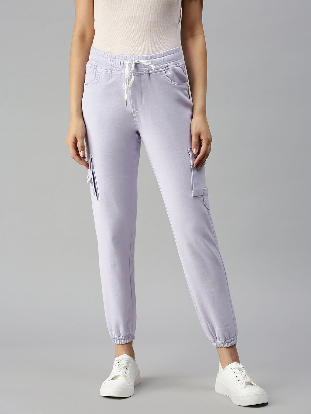 Women's Lavender Jogger High-Rise Low Distress Cuffed Hem Stretchable Denim Jeans