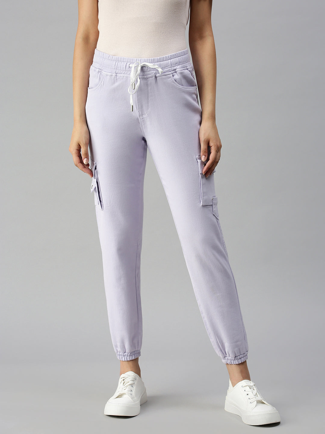 Women's Lavender Jogger High-Rise Low Distress Cuffed Hem Stretchable Denim Jeans