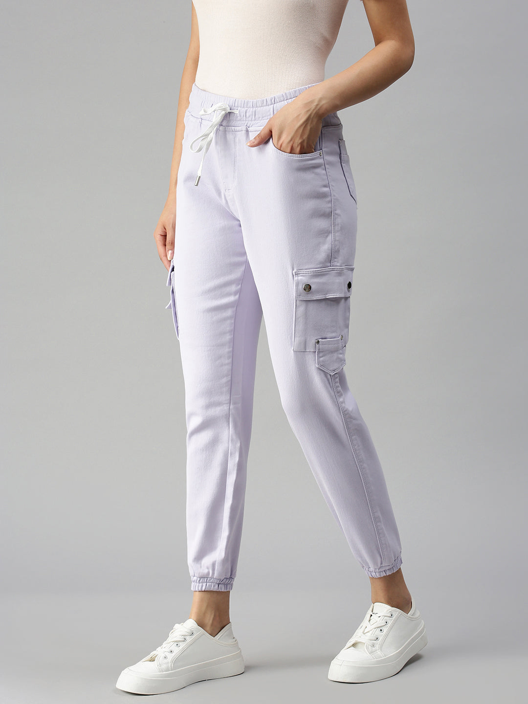 Women's Lavender Jogger High-Rise Low Distress Cuffed Hem Stretchable Denim Jeans