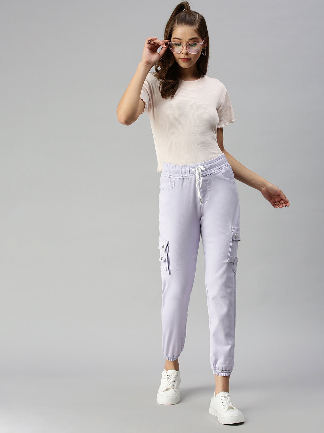 Women's Lavender Jogger High-Rise Low Distress Cuffed Hem Stretchable Denim Jeans