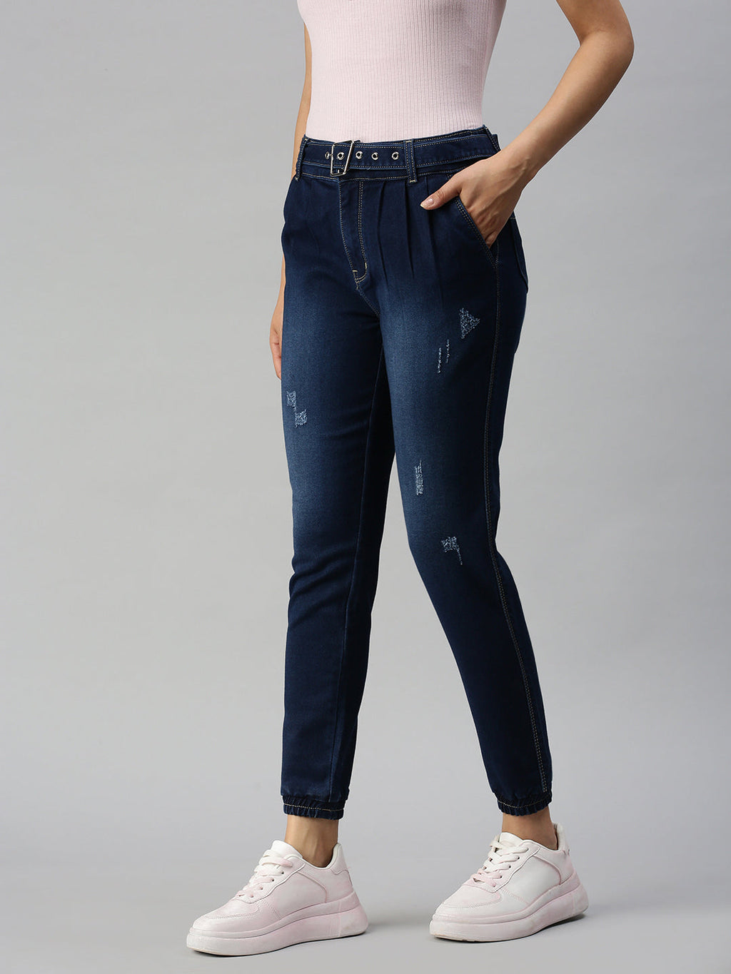 Women's Navy Blue Jogger High-Rise Light Fade Cuffed Hem Stretchable Denim Jeans