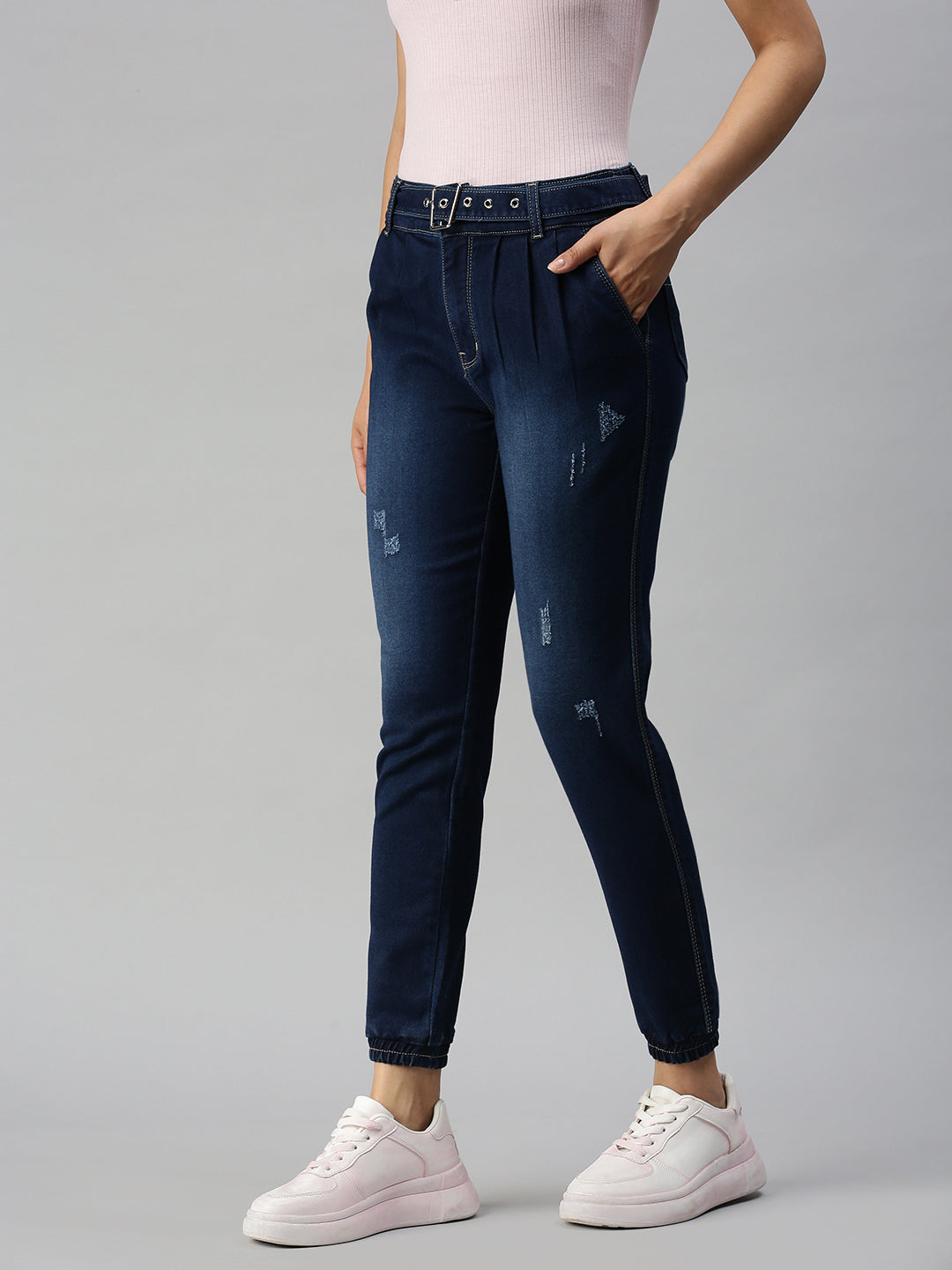 Women's Navy Blue Jogger High-Rise Light Fade Cuffed Hem Stretchable Denim Jeans
