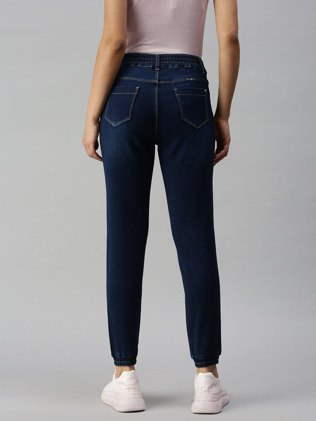 Women's Navy Blue Jogger High-Rise Light Fade Cuffed Hem Stretchable Denim Jeans