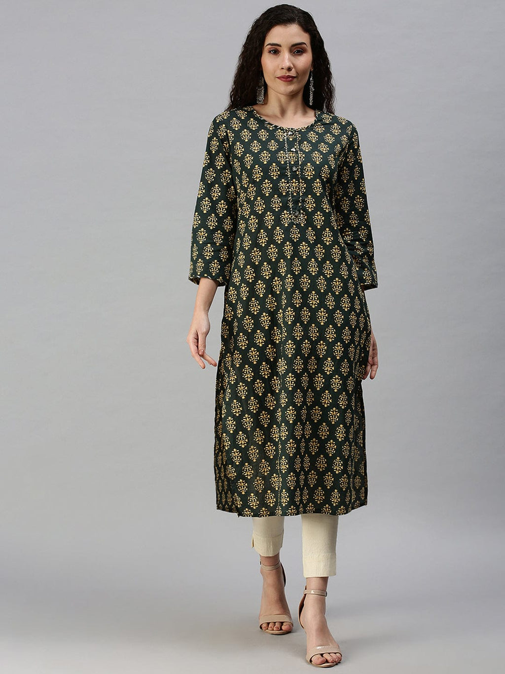 Women's Printed Green Straight Kurta