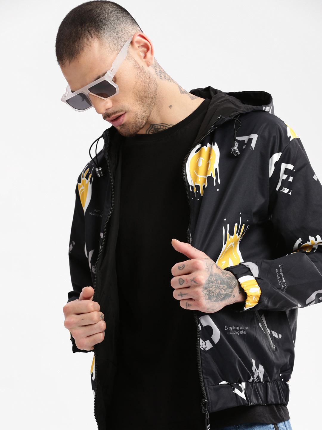 Men's Hooded Black Typography Bomber Over sized Reversible Jacket